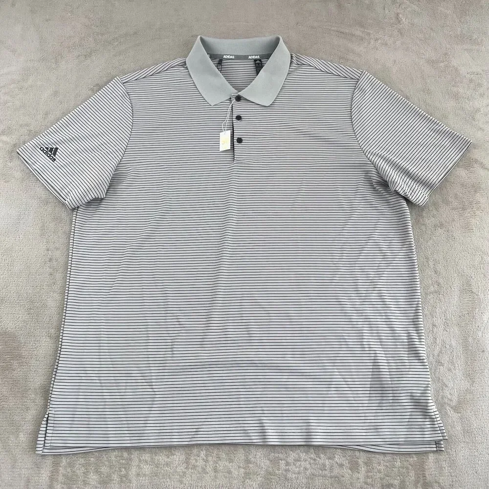 ADIDAS Golf Polo Shirt‎ Men 2XL Grey Striped Performance Wicking UPF 50 SS NWT